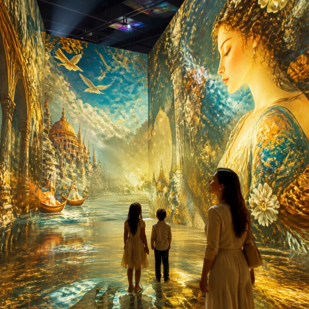 Kleine und große Besucher des immersiven Museums inmitten einer Ausstellung von Gustav Kant Gemälden.