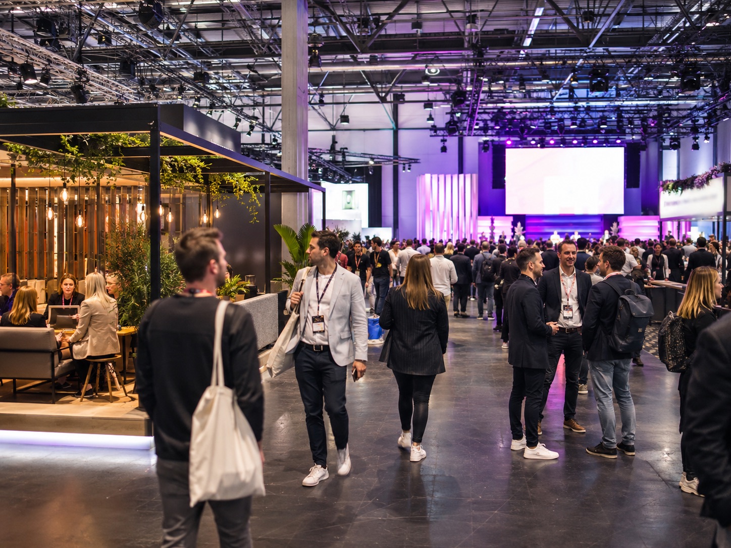 KI-generiertes Symbolbild einer modernen Digitalmesse in Hamburg mit Bühne, Messeständen und Besuchern