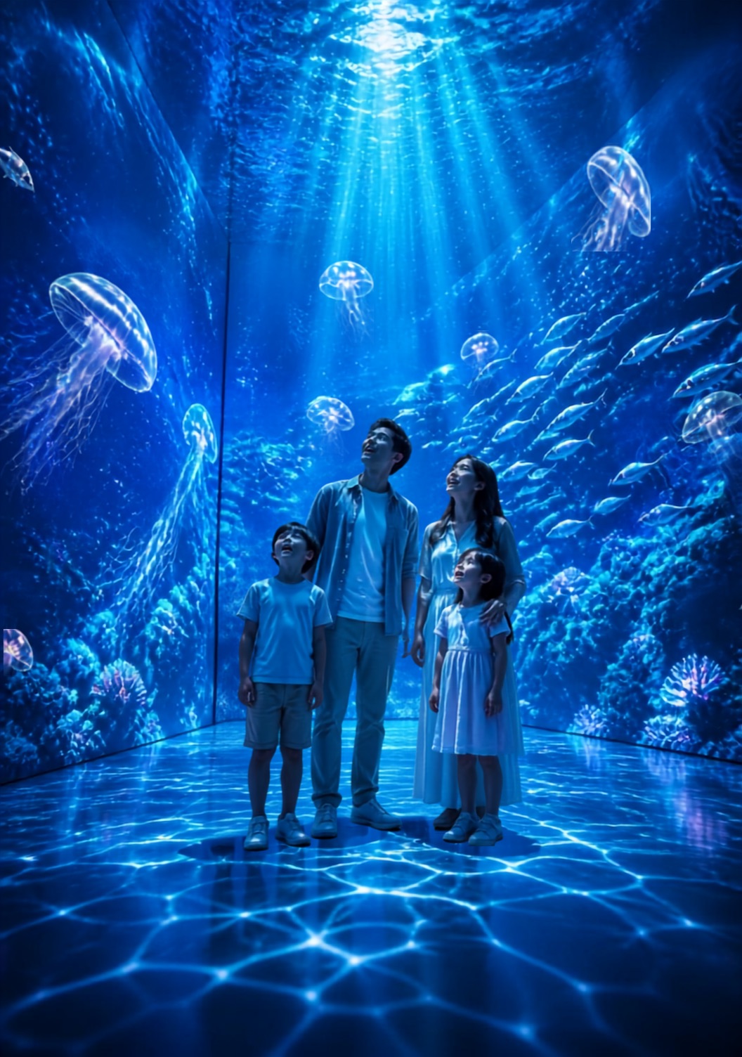 Vierköpfige Familie im immersiven Museum inmitten einer Unterwasser Ausstellung.
