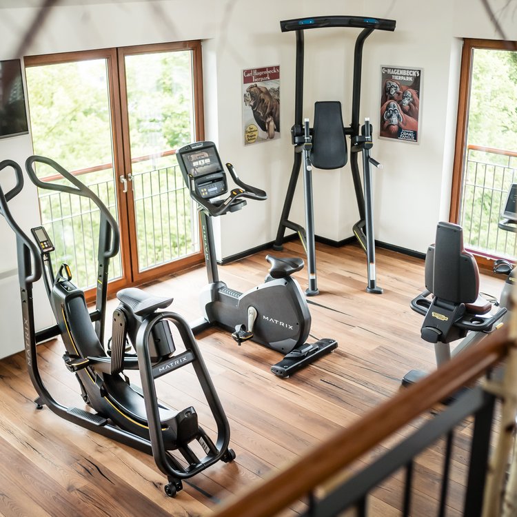 Heller Fitnessraum im Park-Hotel Hagenbeck mit modernen Cardio-Geräten und Ausblick ins Grüne