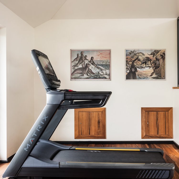 Laufband im Fitnessraum des Park-Hotel Hagenbeck mit Ausblick